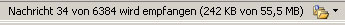 Outlook Screenshot: Nachricht 34 von 6384 wird empfangen (242 KB von 55,5 MB)