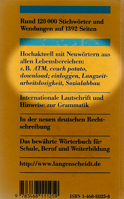 Lanenscheidt W&ouml;rterbuch, Deutsch - Englisch, R&uuml;ckseite