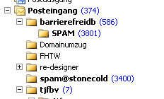 Outlook Screenshot mit Posteingang 374, barrierefreidb 585, SPAM 3801, span@stonecold 3400 neuen E-Mails