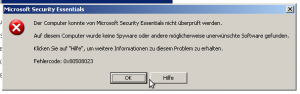 Fehlermeldung?!? Der Computer konnte von Microsoft Security Essentials nicht überprüft werden. Auf diesem computer wurde keine Spyware oder andere möglicherweise unerwünschte Software gefunden. Klicken Sie auf Hifle um weitere Informationen zu diesem Problem zu erhalten. Fehlercode 0x80508023